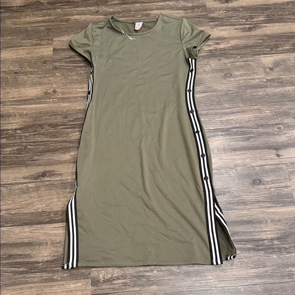 Olive Green Casual Dress with Striped Accents